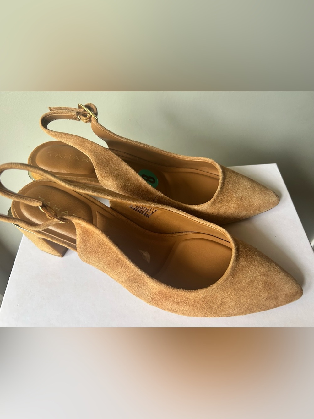 Tahari Camel Suede Slingback Block Heel Mules - Picture 2 of 6